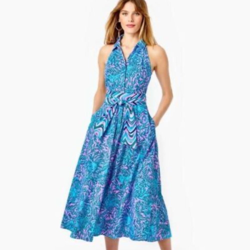 NWT Lilly pulitzer Chrisella Stretch Midi Shirtdress | Bermuda Blue sz. 8